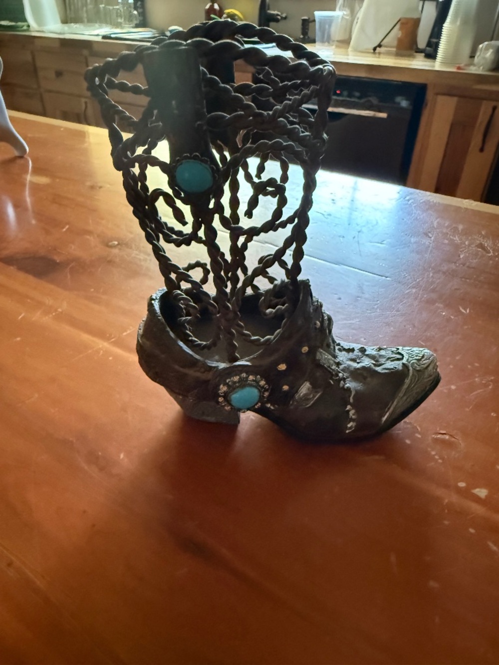 Western Resin metal cowgirl boot vase LN